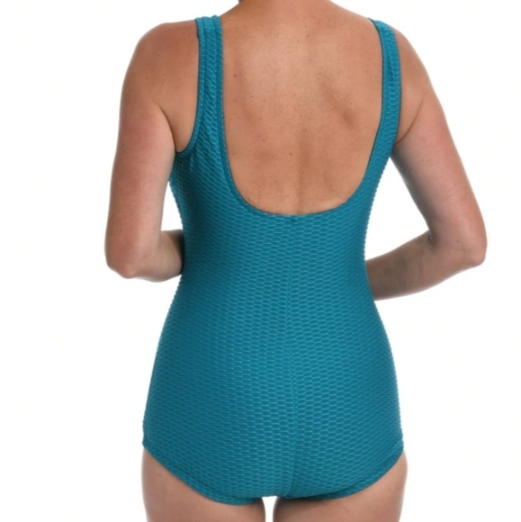 Maxine of Hollywood Textured Spa Shirred Girl Leg One Piece in Emerald Size 10 - Picture 3 of 13